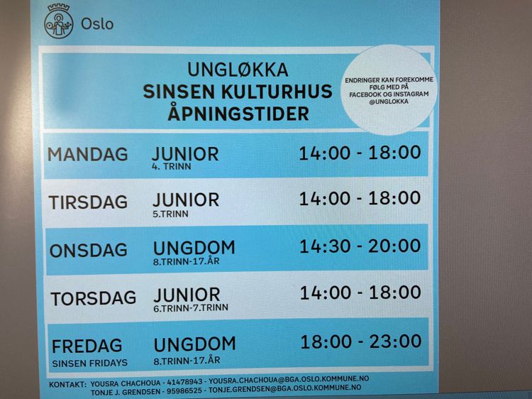 Her er åpningstidene til Sinsen Kulturhus.